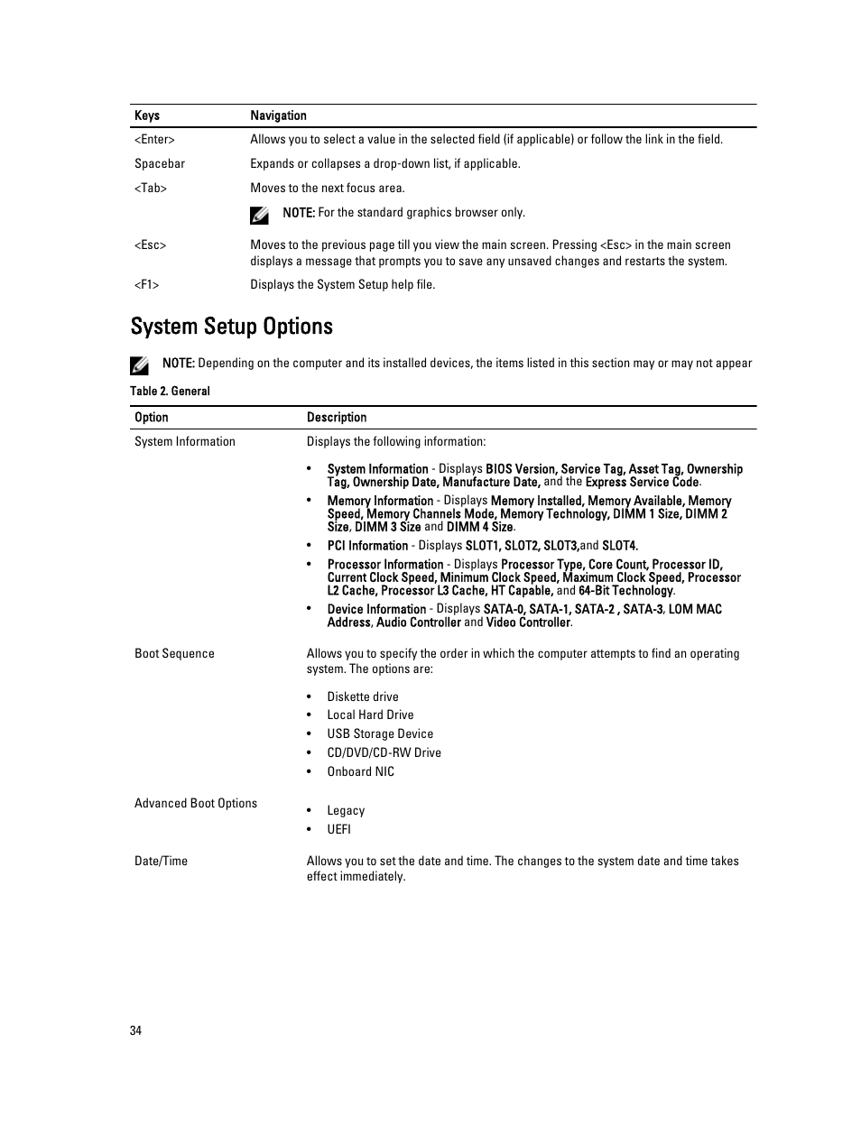System setup options | Dell OptiPlex XE2 (Mid 2013) User Manual | Page 34 / 61