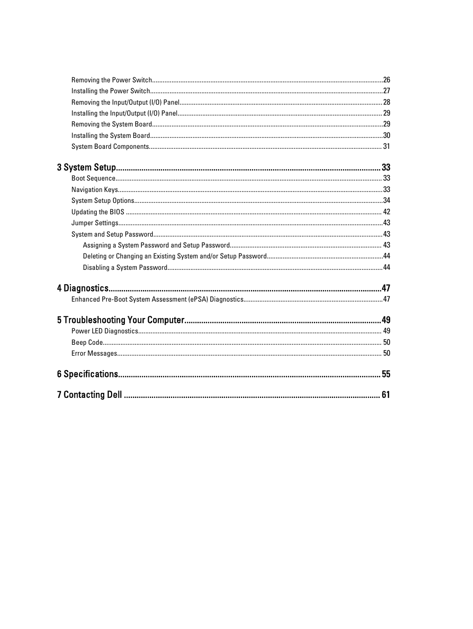 3 system setup, 4 diagnostics, 5 troubleshooting your computer | 6 specifications 7 contacting dell | Dell OptiPlex XE2 (Mid 2013) User Manual | Page 4 / 61