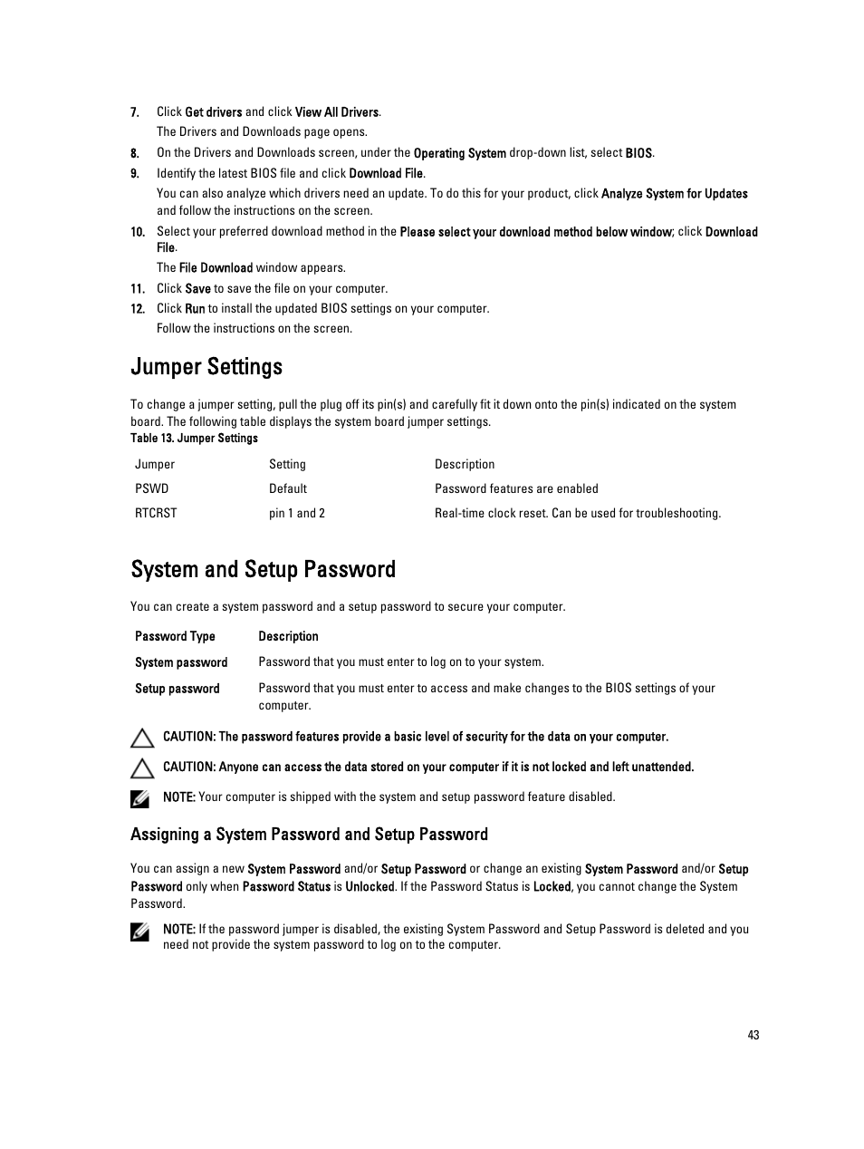 Jumper settings, System and setup password, Assigning a system password and setup password | Dell OptiPlex XE2 (Mid 2013) User Manual | Page 43 / 61