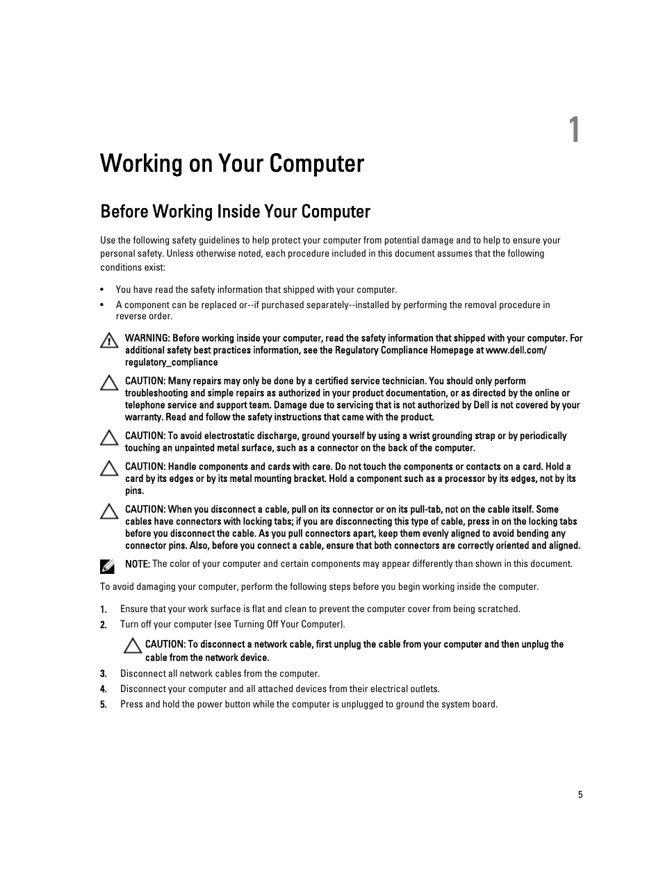 Working on your computer, Before working inside your computer, 1 working on your computer | Dell OptiPlex XE2 (Mid 2013) User Manual | Page 5 / 61