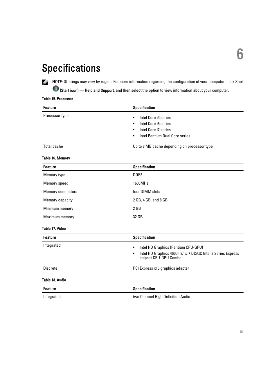 Specifications, 6 specifications | Dell OptiPlex XE2 (Mid 2013) User Manual | Page 55 / 61