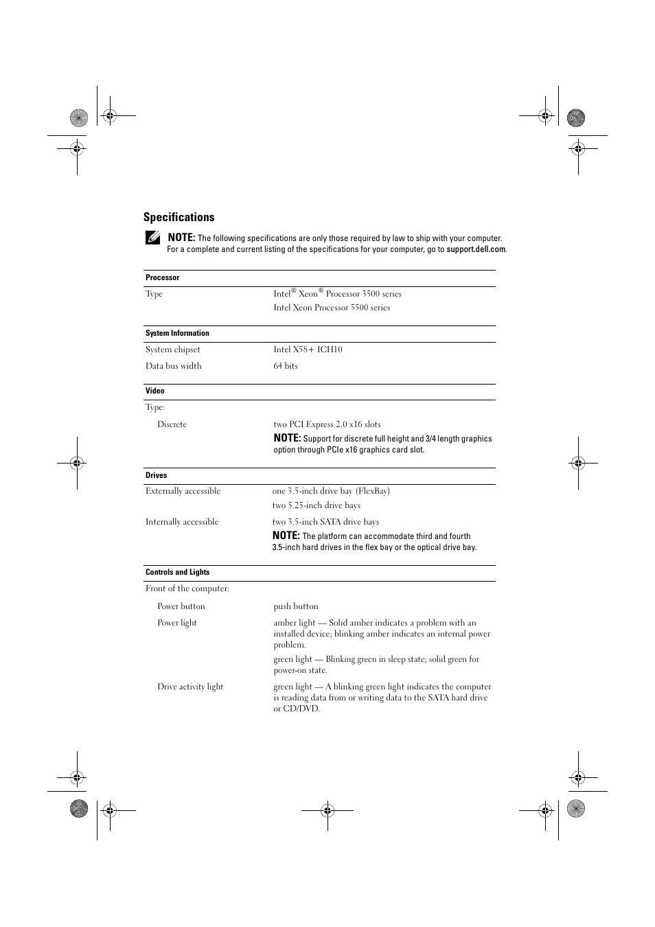 Specifications | Dell Precision T3500 (Early 2009) User Manual | Page 6 / 8