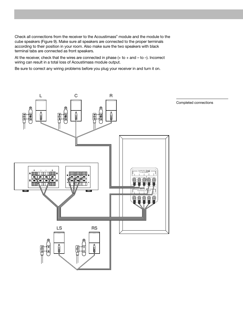 Setting up check the connections, Figure 9, Lc r ls rs | Completed connections | Bose Acoustimass - 10 User Manual | Page 10 / 18