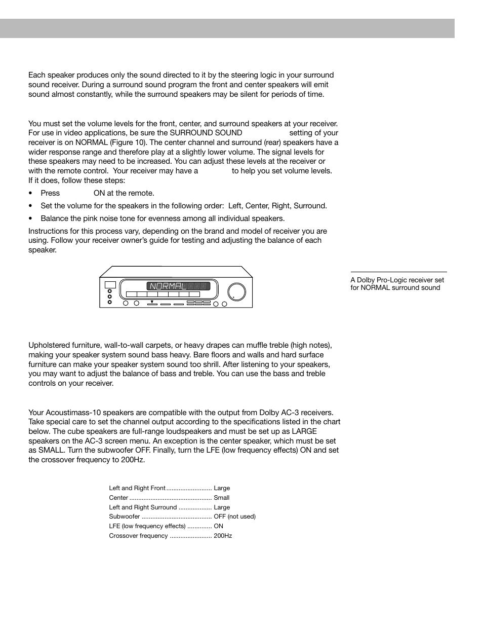 For realistic home theater sound, Using your acoustimass, 10 speakers | How to set your pro-logic receiver, Bass and treble adjustments, Set your dolby ac-3 receiver correctly, Figure 10 | Bose Acoustimass - 10 User Manual | Page 11 / 18