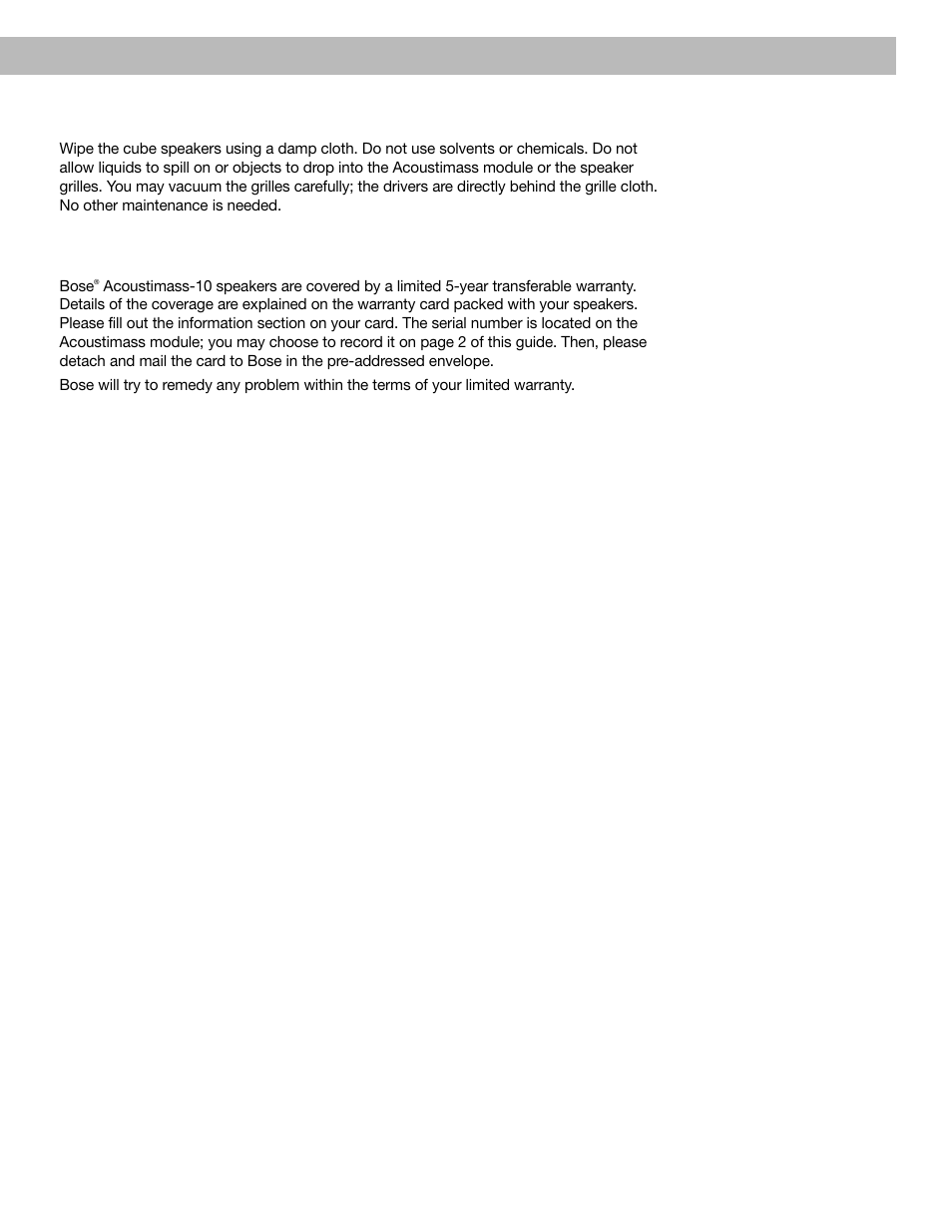 Cleaning the speakers, Warranty period | Bose Acoustimass - 10 User Manual | Page 13 / 18