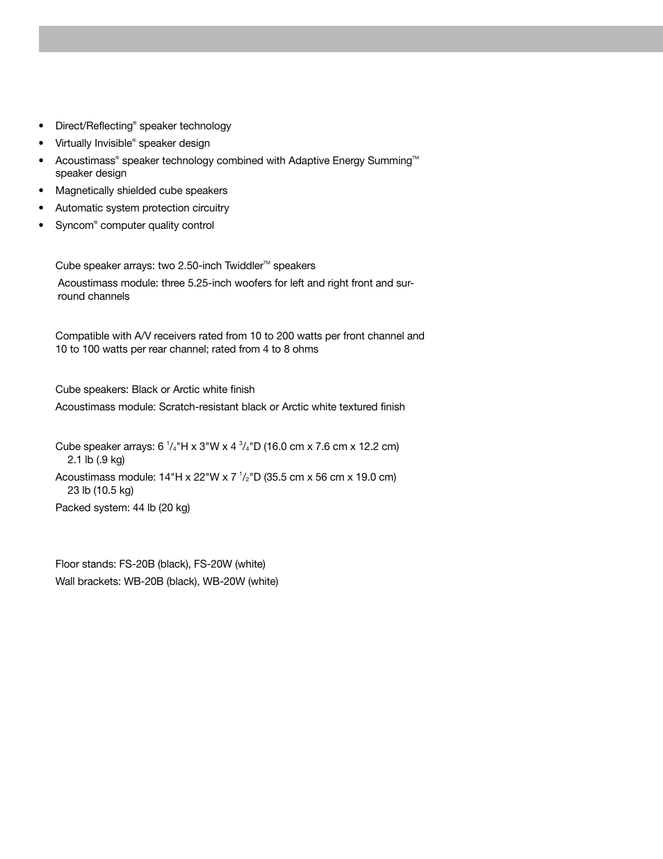 Technical information, Accessories, Product information | Features, Speaker driver complement, Connectivity, Finish, Size/weight | Bose Acoustimass - 10 User Manual | Page 14 / 18