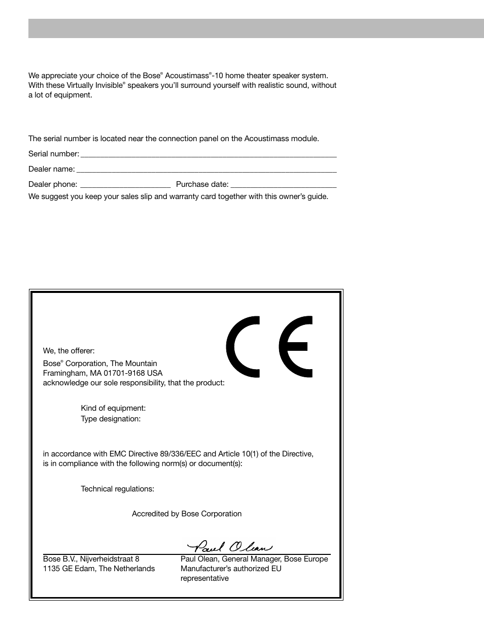 Declaration of conformity, For your records | Bose Acoustimass - 10 User Manual | Page 2 / 18