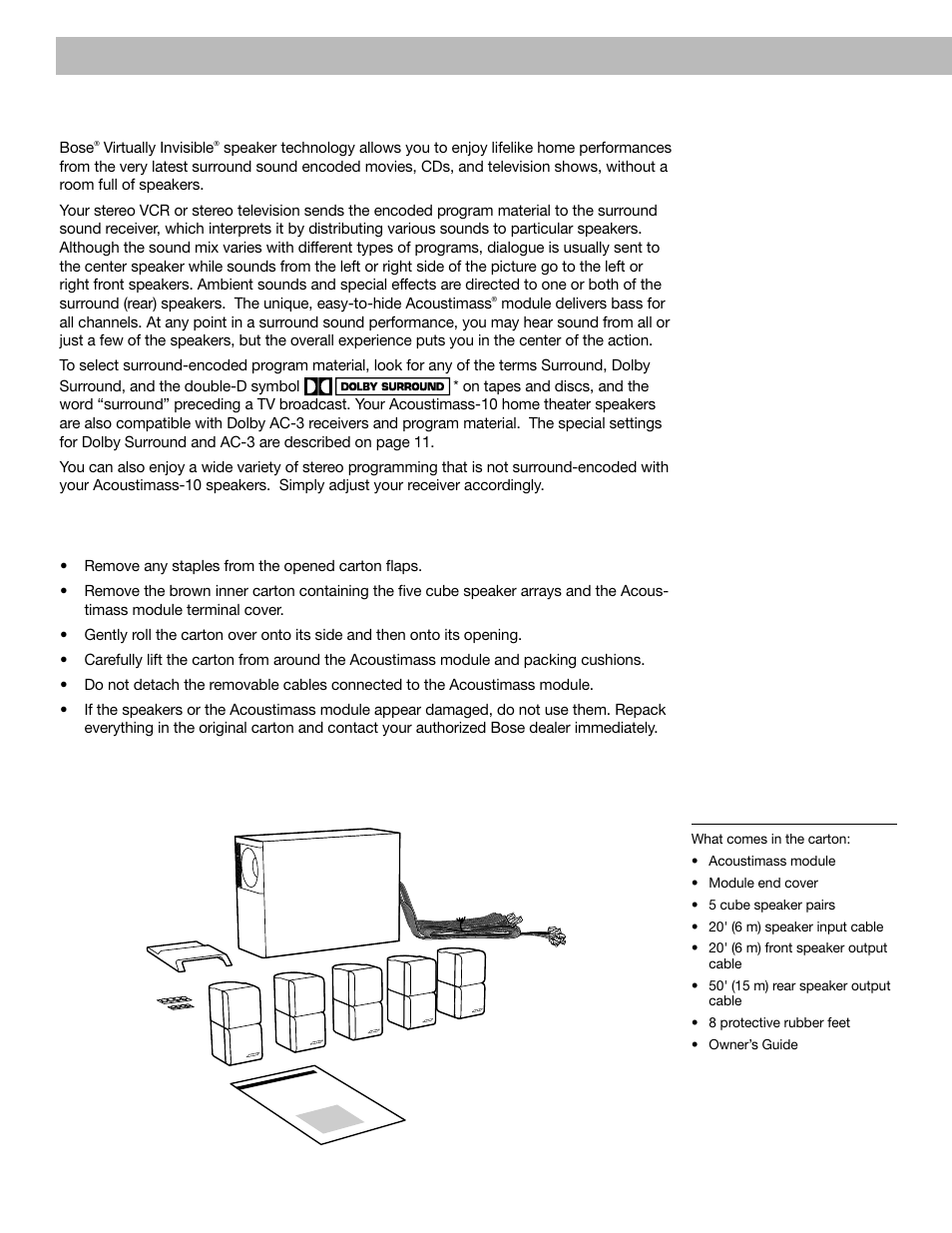Before you begin, Unpack the carton | Bose Acoustimass - 10 User Manual | Page 4 / 18