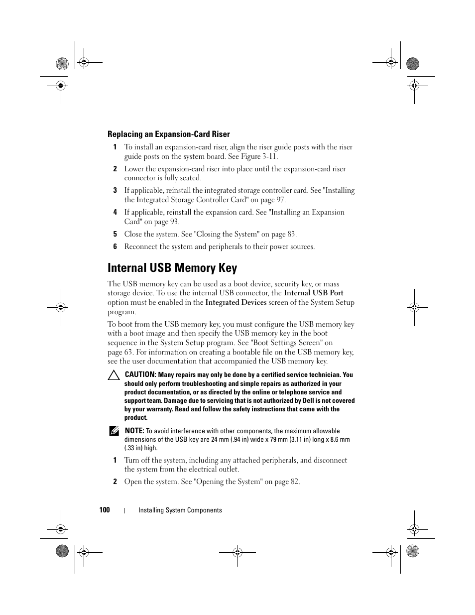Replacing an expansion-card riser, Internal usb memory key | Dell PowerVault NX300 User Manual | Page 100 / 192