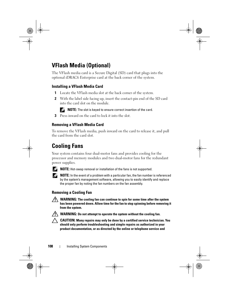 Vflash media (optional), Installing a vflash media card, Removing a vflash media card | Cooling fans, Removing a cooling fan | Dell PowerVault NX300 User Manual | Page 108 / 192