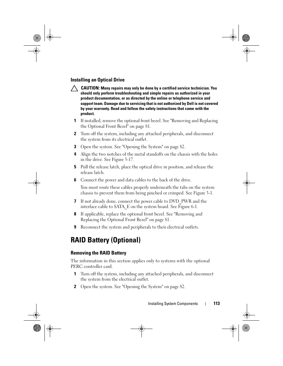 Installing an optical drive, Raid battery (optional), Removing the raid battery | Dell PowerVault NX300 User Manual | Page 113 / 192