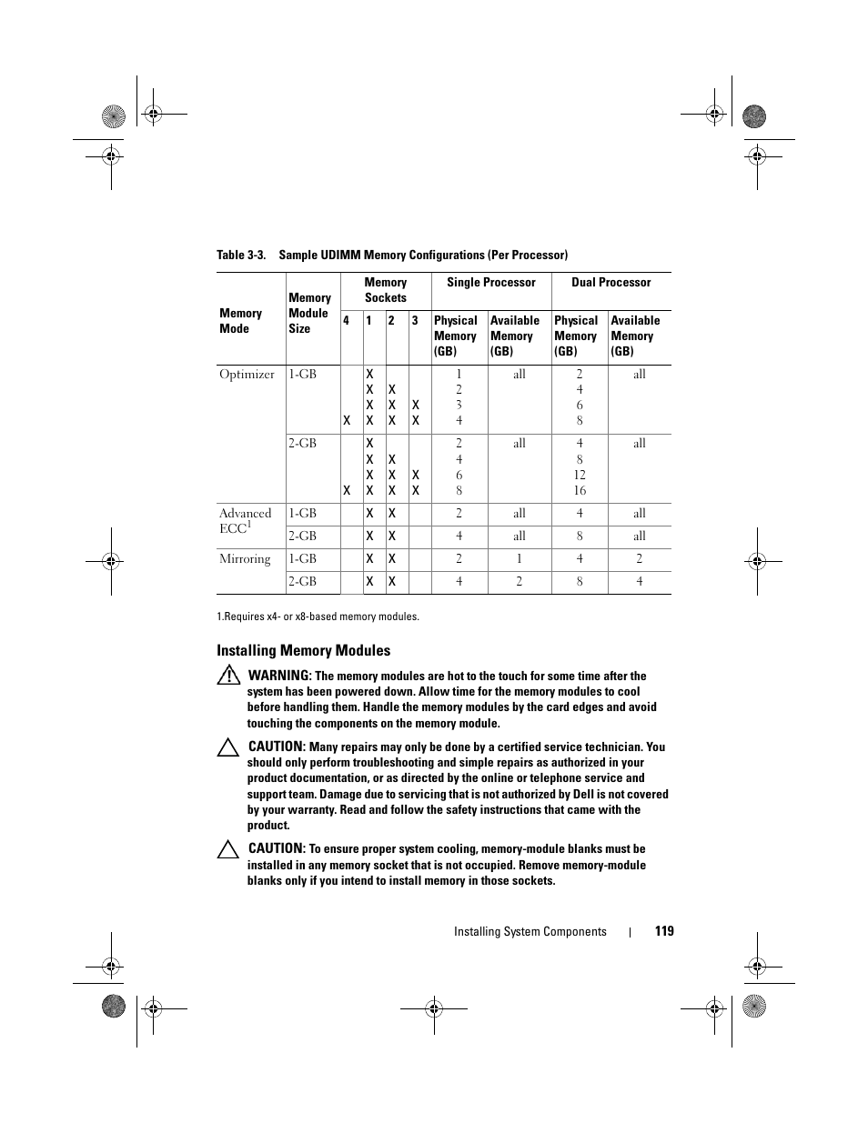 Installing memory modules | Dell PowerVault NX300 User Manual | Page 119 / 192