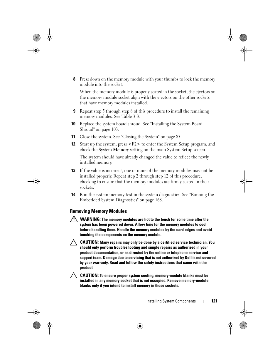 Removing memory modules | Dell PowerVault NX300 User Manual | Page 121 / 192