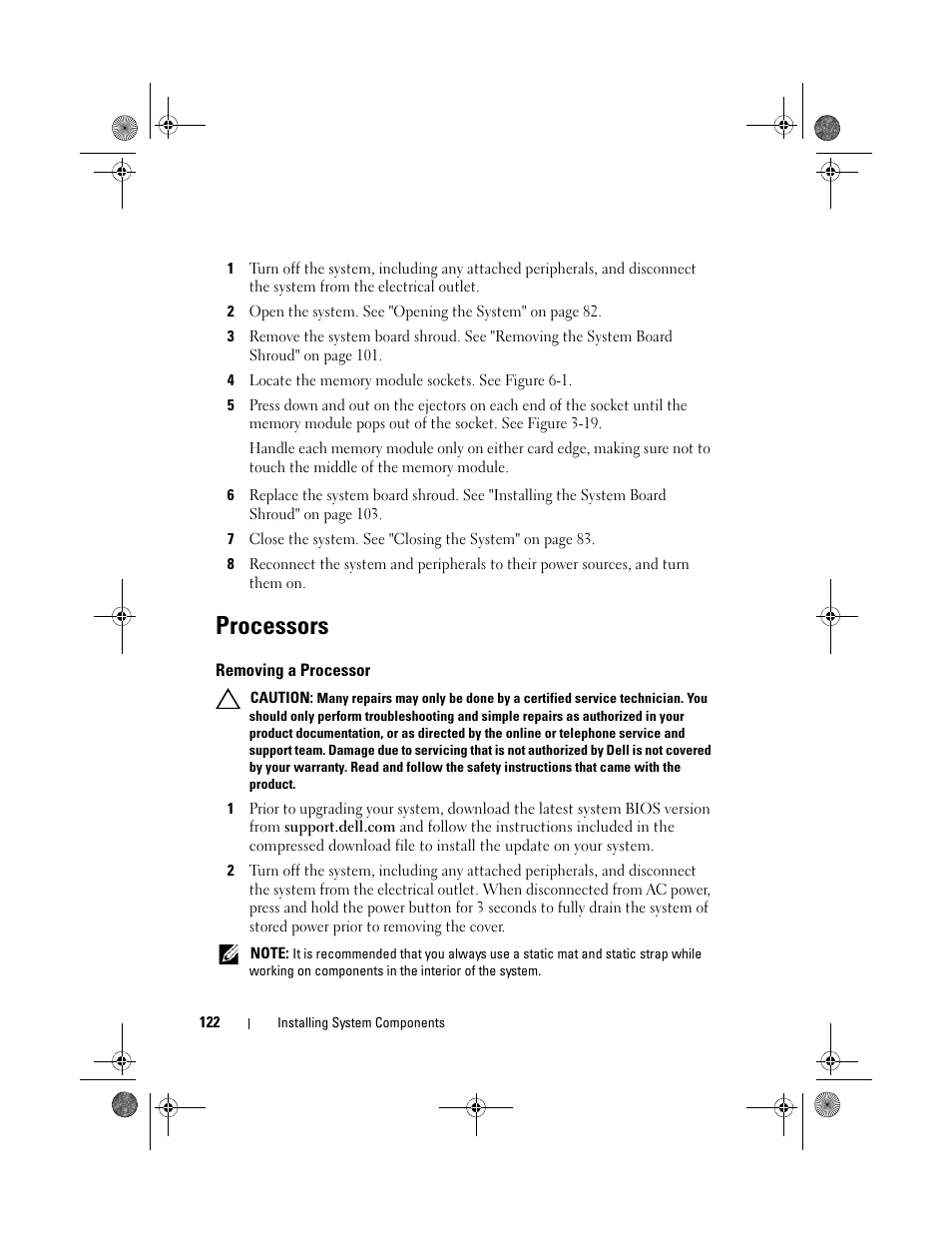 Processors, Removing a processor | Dell PowerVault NX300 User Manual | Page 122 / 192