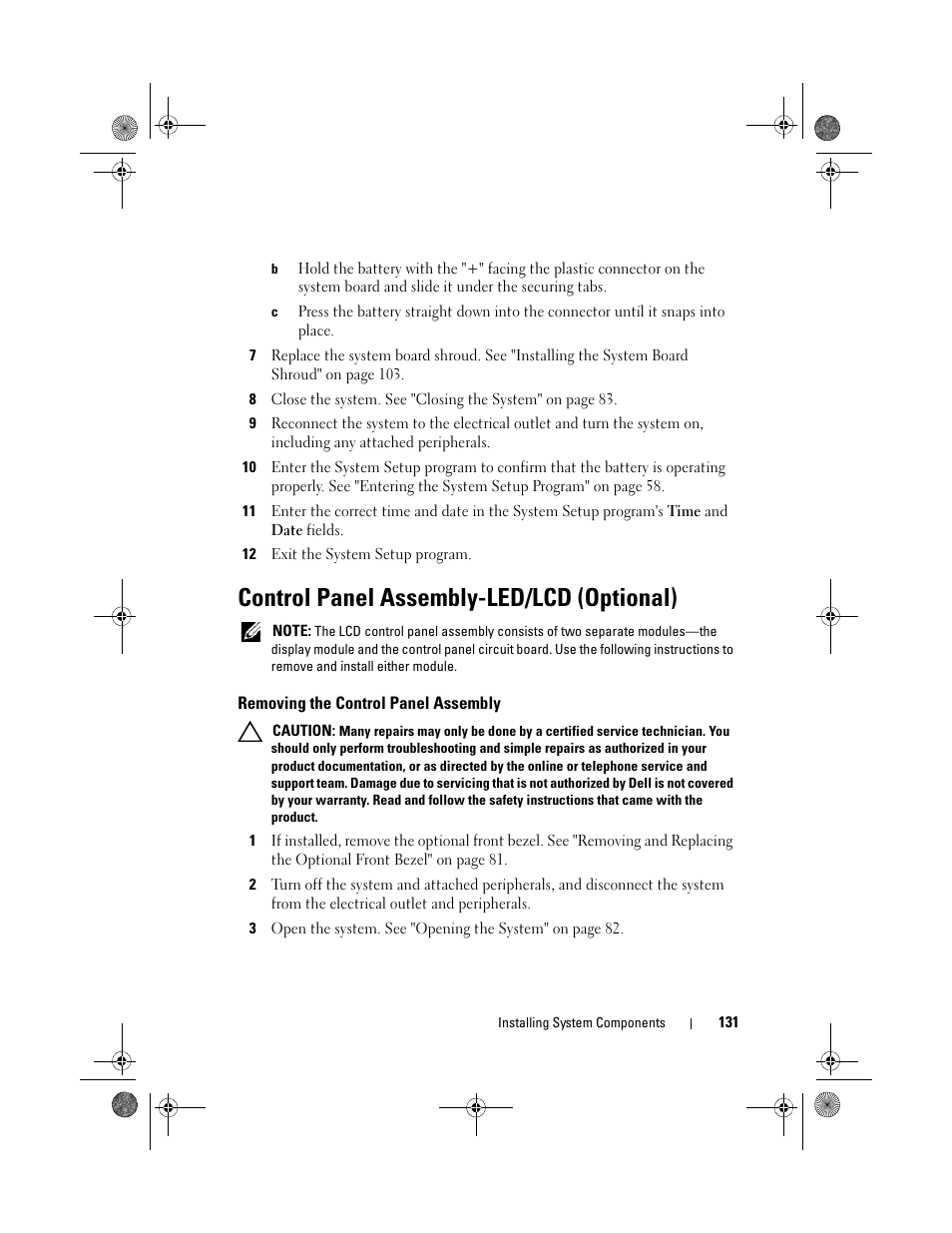 Control panel assembly-led/lcd (optional), Removing the control panel assembly | Dell PowerVault NX300 User Manual | Page 131 / 192