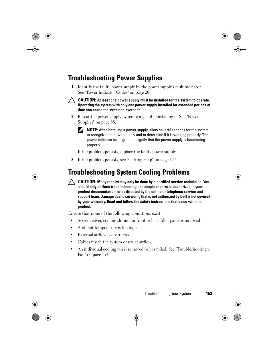 Troubleshooting power supplies, Troubleshooting system cooling problems | Dell PowerVault NX300 User Manual | Page 153 / 192