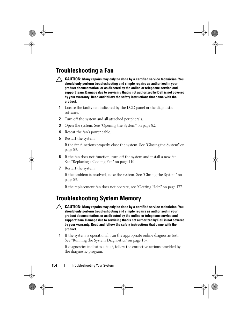 Troubleshooting a fan, Troubleshooting system memory | Dell PowerVault NX300 User Manual | Page 154 / 192