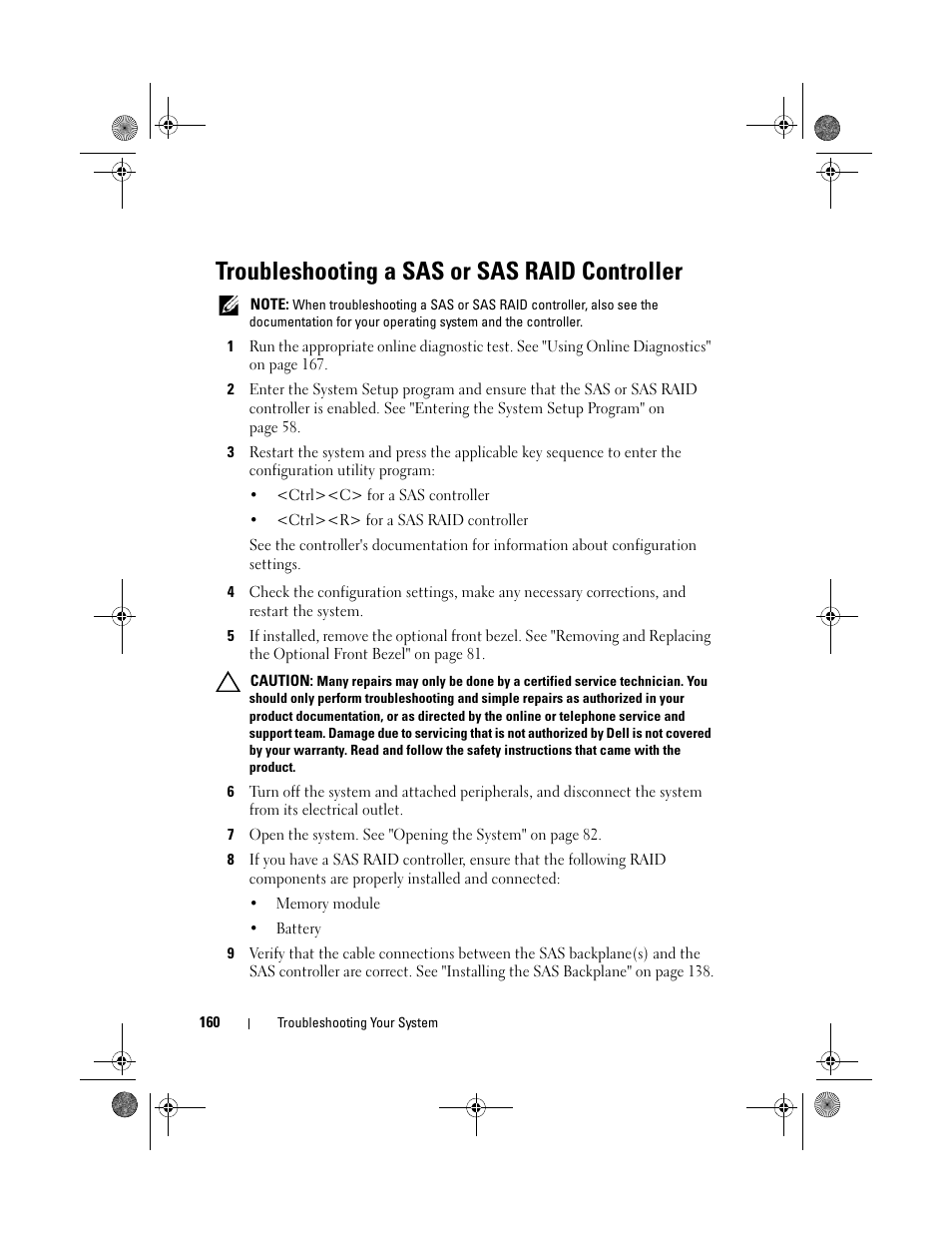 Troubleshooting a sas or sas raid controller | Dell PowerVault NX300 User Manual | Page 160 / 192