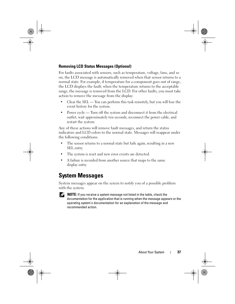 Removing lcd status messages (optional), System messages | Dell PowerVault NX300 User Manual | Page 37 / 192