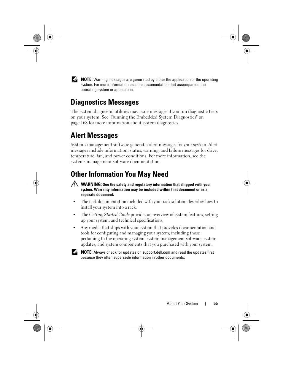 Diagnostics messages, Alert messages, Other information you may need | Dell PowerVault NX300 User Manual | Page 55 / 192