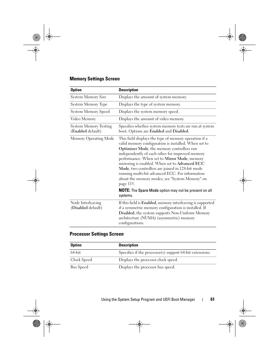 Memory settings screen, Processor settings screen | Dell PowerVault NX300 User Manual | Page 61 / 192
