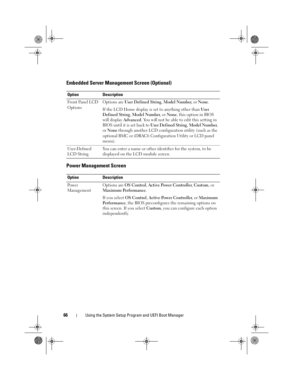 Embedded server management screen (optional), Power management screen | Dell PowerVault NX300 User Manual | Page 66 / 192