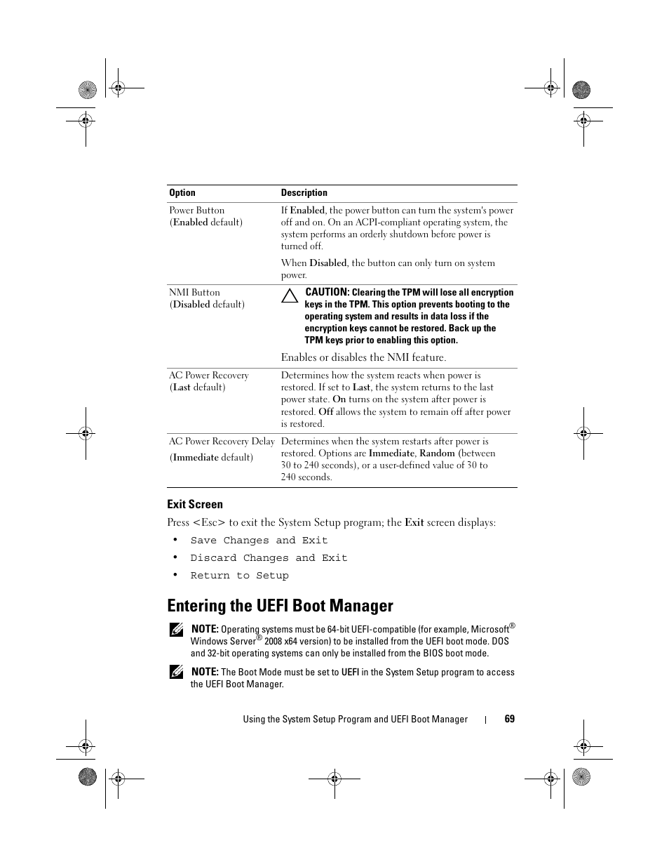 Exit screen, Entering the uefi boot manager | Dell PowerVault NX300 User Manual | Page 69 / 192