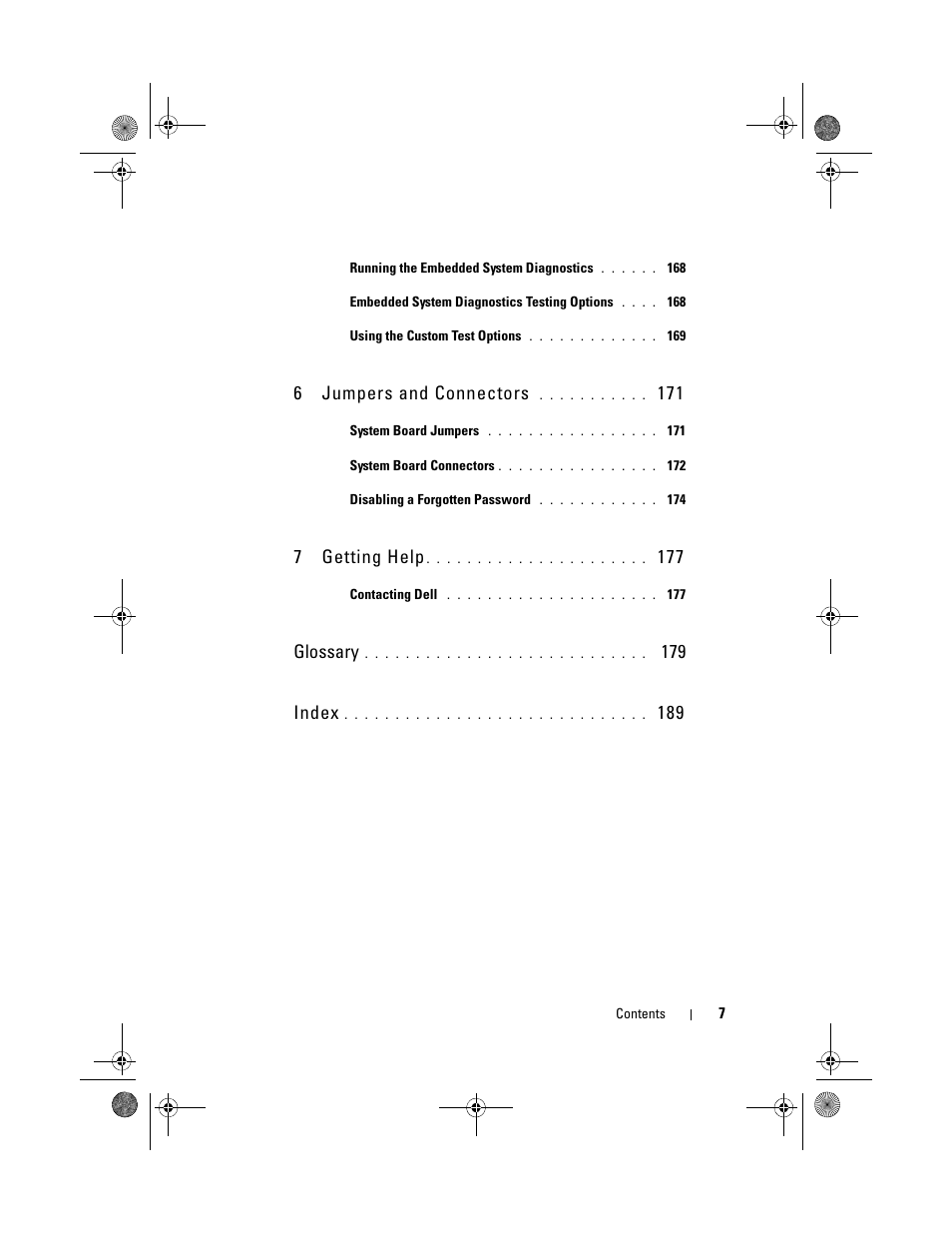 6jumpers and connectors, 7getting help, Glossary | 179 index | Dell PowerVault NX300 User Manual | Page 7 / 192