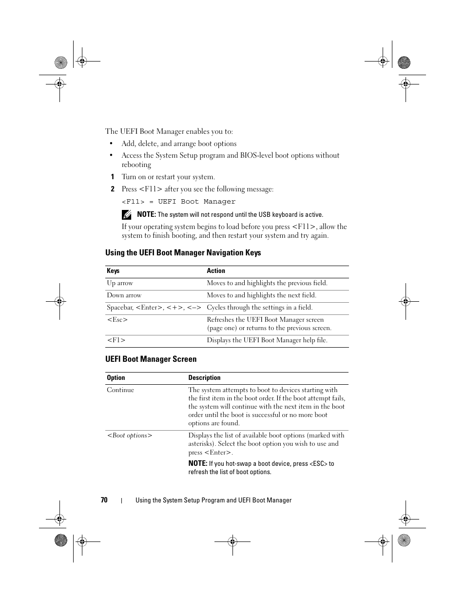 Using the uefi boot manager navigation keys, Uefi boot manager screen | Dell PowerVault NX300 User Manual | Page 70 / 192