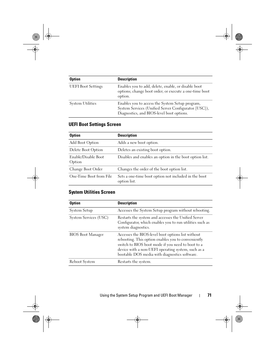 Uefi boot settings screen, System utilities screen | Dell PowerVault NX300 User Manual | Page 71 / 192