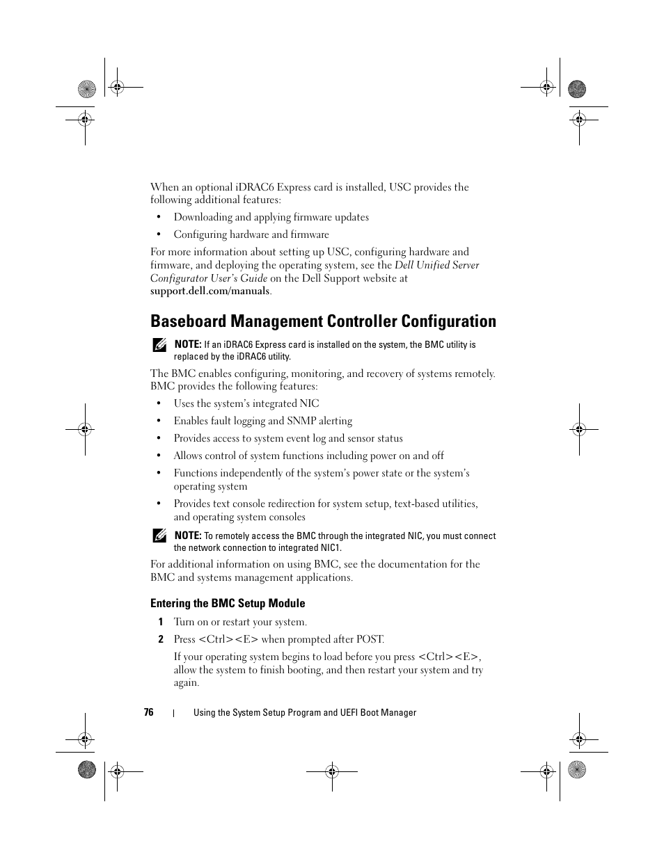 Baseboard management controller configuration, Entering the bmc setup module | Dell PowerVault NX300 User Manual | Page 76 / 192