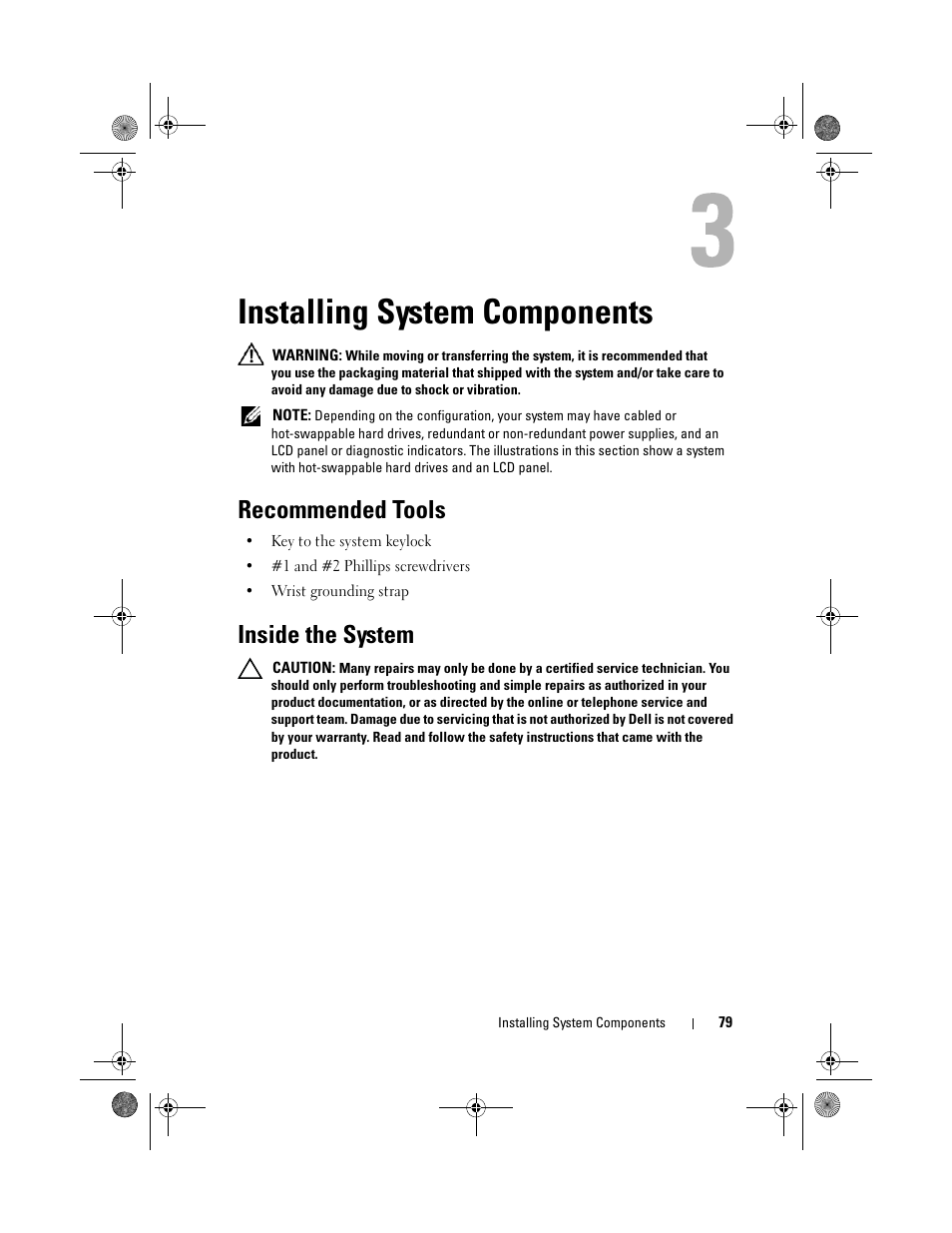 Installing system components, Recommended tools, Inside the system | Dell PowerVault NX300 User Manual | Page 79 / 192