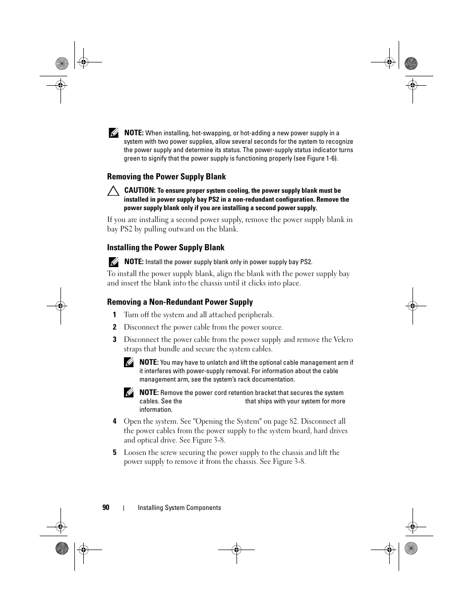 Removing the power supply blank, Installing the power supply blank, Removing a non-redundant power supply | Dell PowerVault NX300 User Manual | Page 90 / 192
