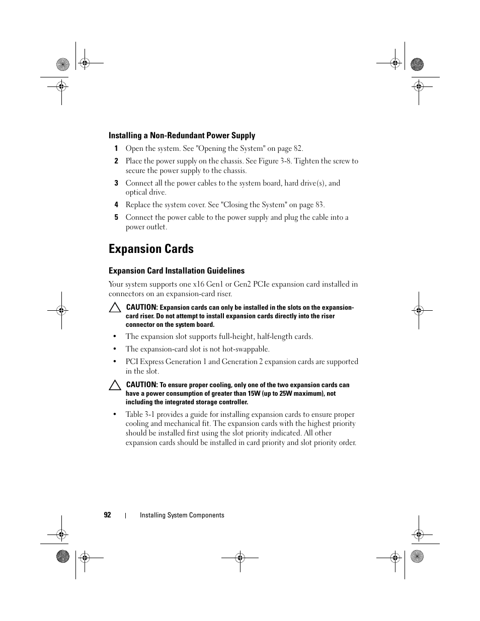 Installing a non-redundant power supply, Expansion cards, Expansion card installation guidelines | Dell PowerVault NX300 User Manual | Page 92 / 192