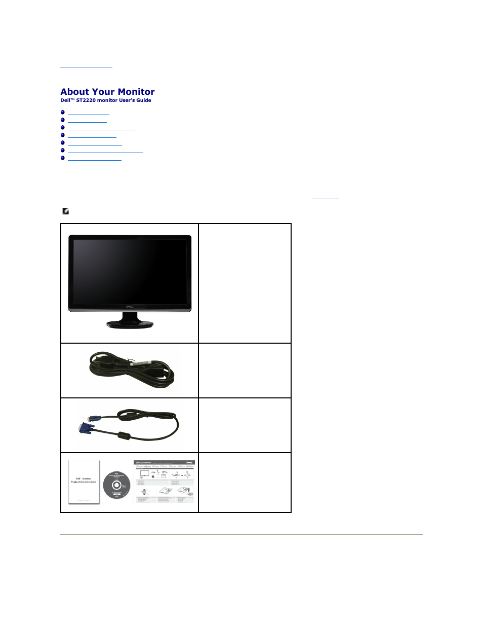 About your monitor, Package contents, Product features | Dell ST2220 Monitor User Manual | Page 2 / 29