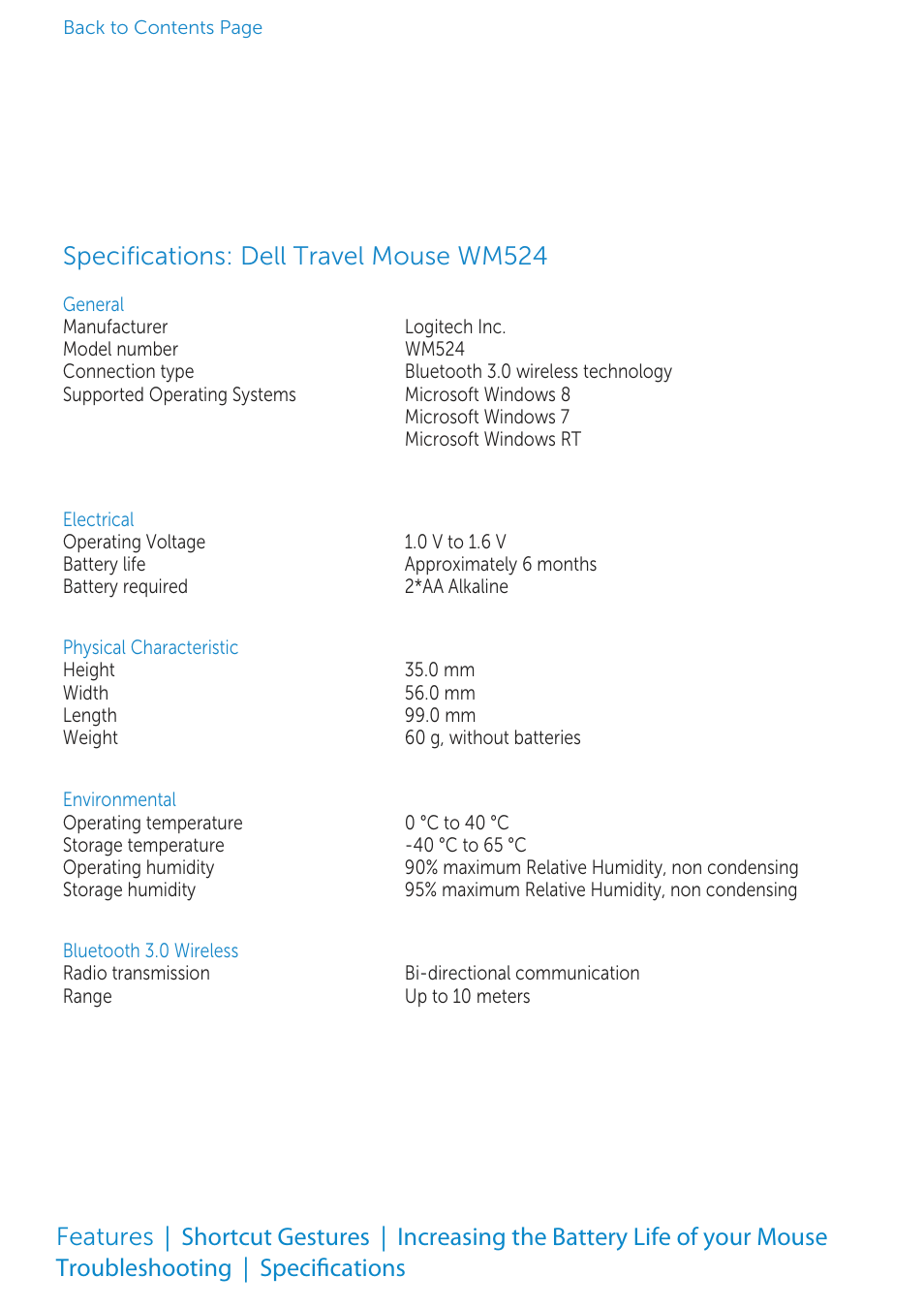 Specifications: dell travel mouse wm524, Speciﬁcations, Specifications | Speciﬁcations: dell travel mouse wm524 | Dell Travel Mouse WM524 User Manual | Page 17 / 20