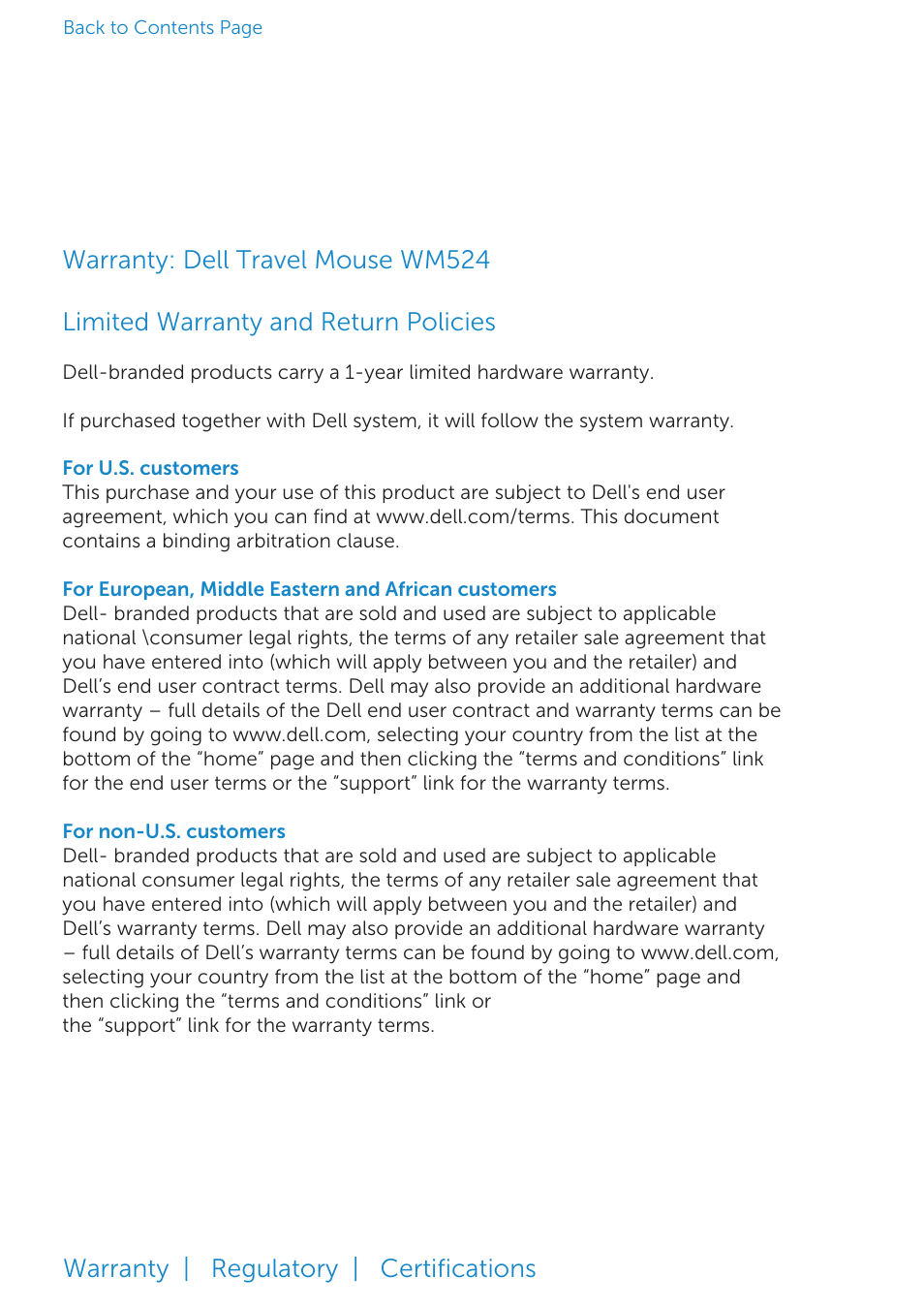 Warranty: dell travel mouse wm524, Warranty, Warranty | regulatory | certiﬁcations | Dell Travel Mouse WM524 User Manual | Page 18 / 20