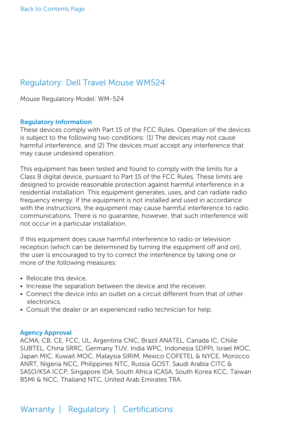 Regulatory: dell travel mouse wm524, Regulatory, Warranty | regulatory | certiﬁcations | Dell Travel Mouse WM524 User Manual | Page 19 / 20