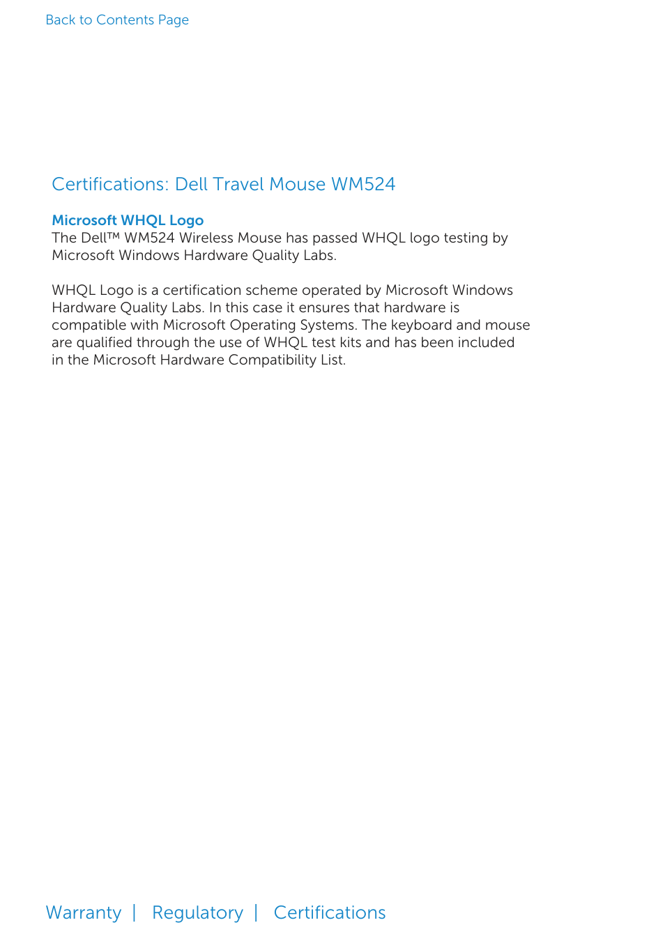 Certifications: dell travel mouse wm524, Certiﬁcations, Certiﬁcations: dell travel mouse wm524 | Warranty | regulatory | certiﬁcations | Dell Travel Mouse WM524 User Manual | Page 20 / 20