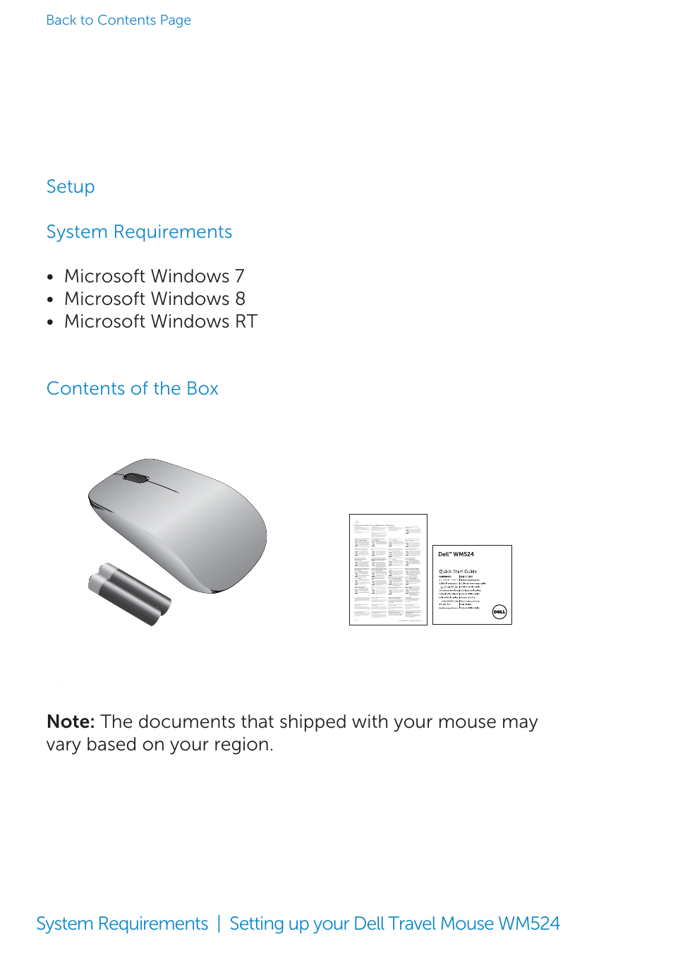 System requirements, Setup, Back to contents page | Dell Travel Mouse WM524 User Manual | Page 4 / 20