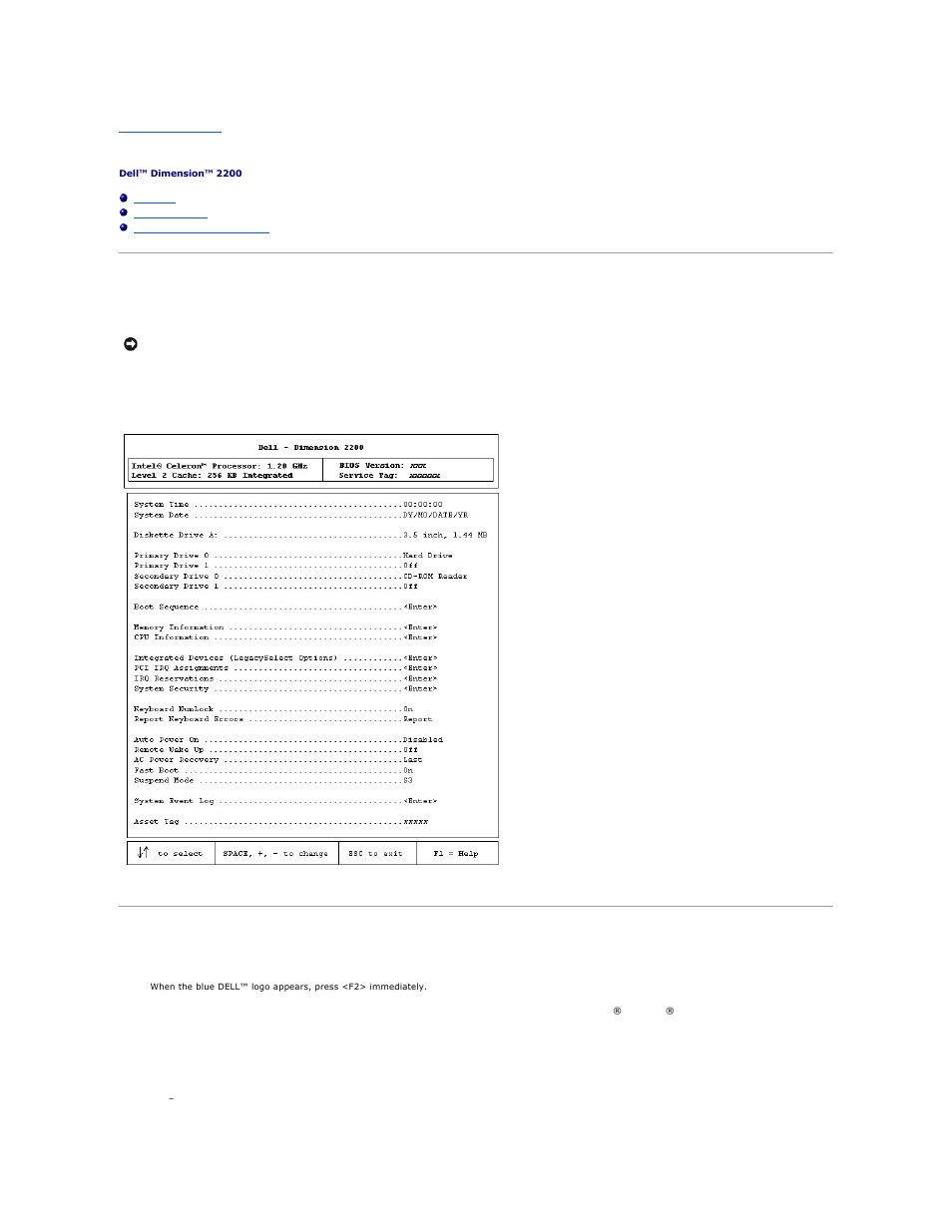 System setup program, Overview, Viewing settings | System setup program screens | Dell Dimension 2200 User Manual | Page 40 / 49