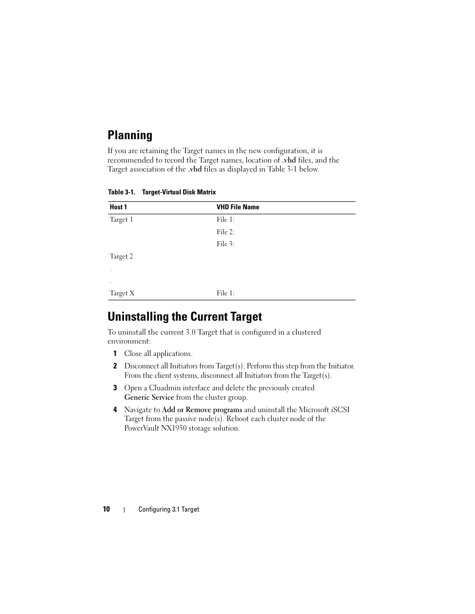 Planning, Uninstalling the current target | Dell PowerVault NX1950 User Manual | Page 10 / 18