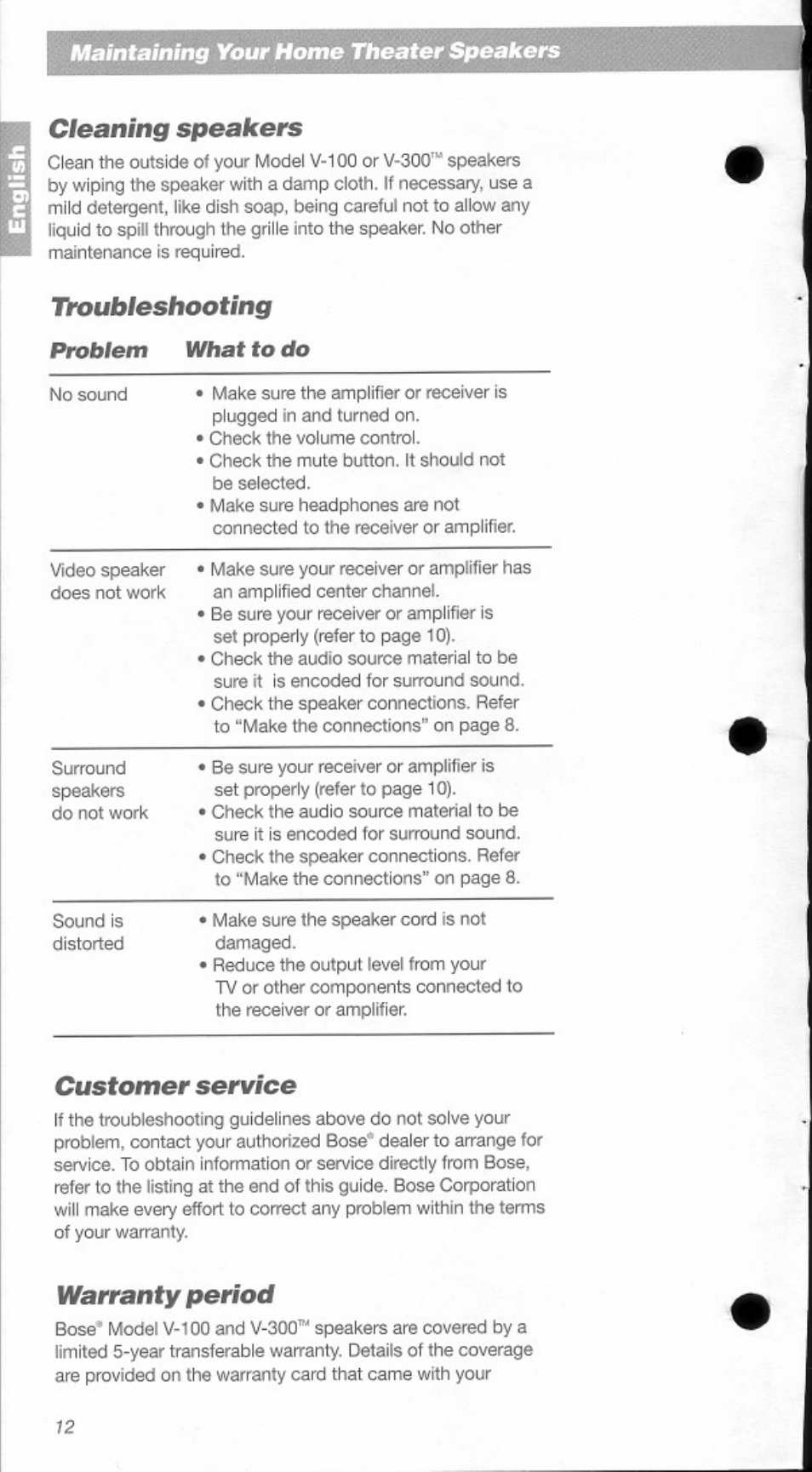 Cleaning speakers, T^ubleshooting, Customer service | Warranty period, Troubleshooting | Bose Home Theater Speakers V-100 User Manual | Page 12 / 15