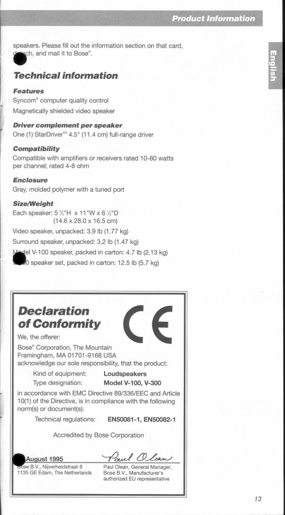 Technical information, Declaration of conformity | Bose Home Theater Speakers V-100 User Manual | Page 13 / 15