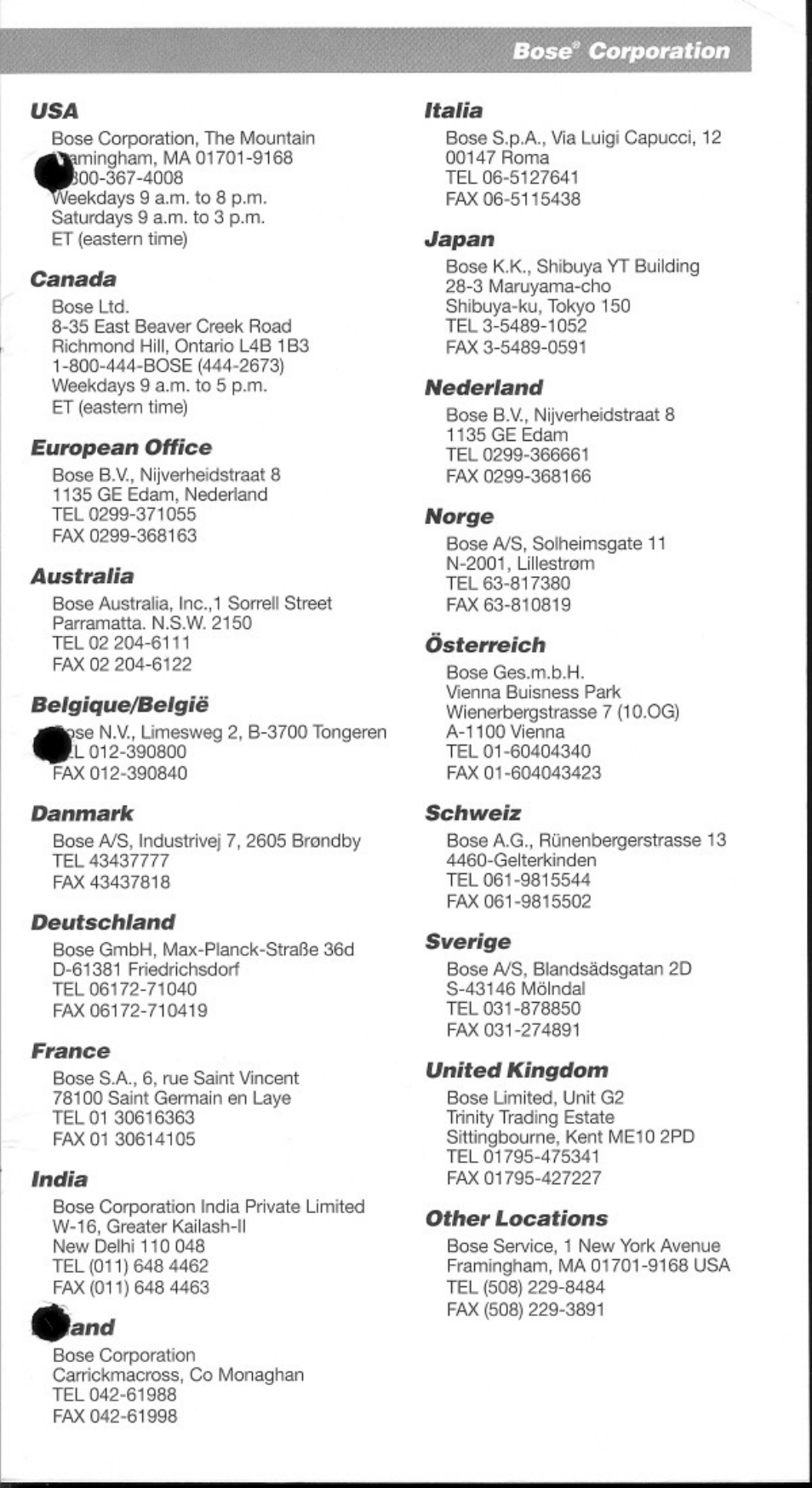 Canada, European office, Australia | Belgique/belgië, Danmark, Deutschland, France, India, Iand, Italia | Bose Home Theater Speakers V-100 User Manual | Page 14 / 15