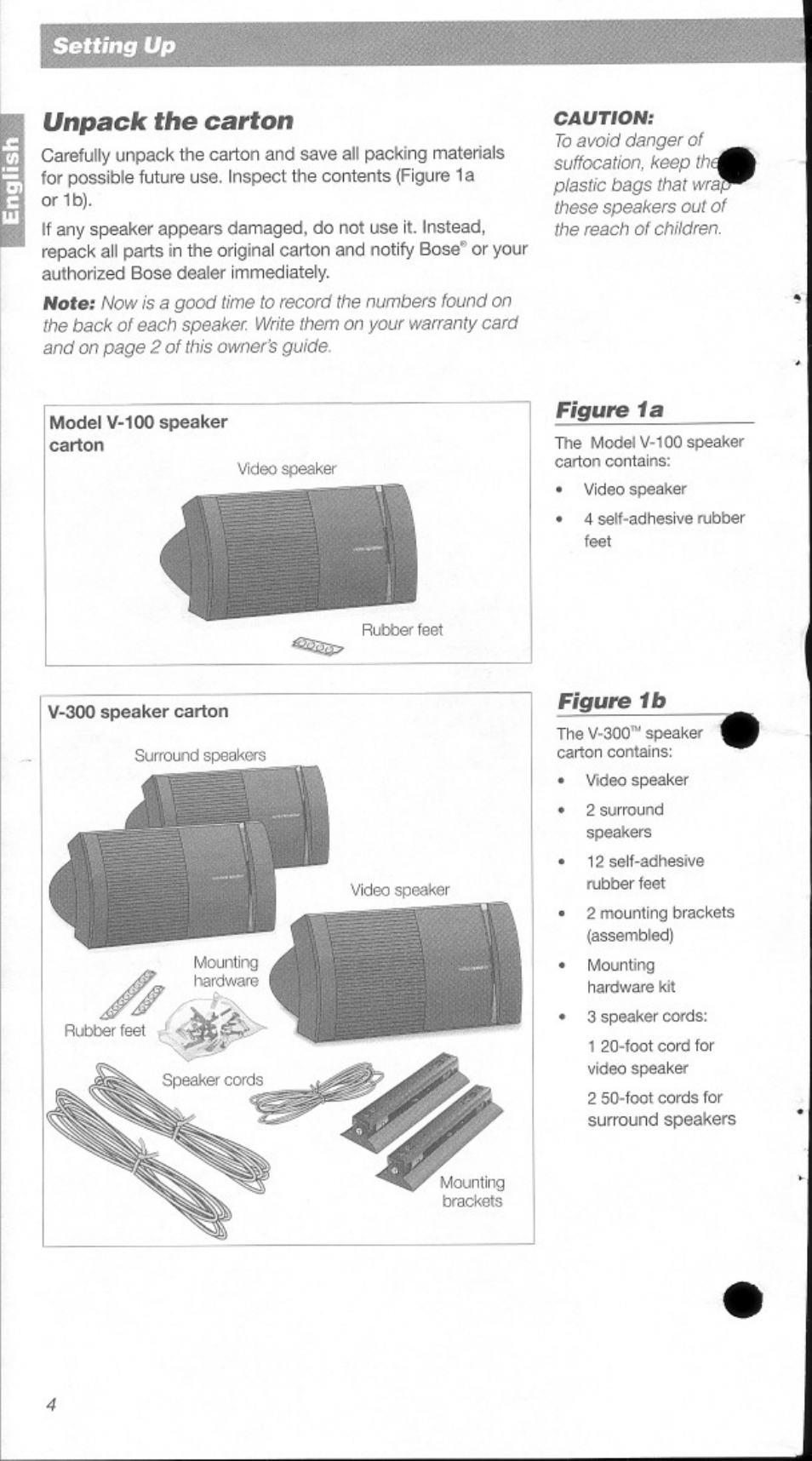 Unpack the carton, Setting up | Bose Home Theater Speakers V-100 User Manual | Page 4 / 15