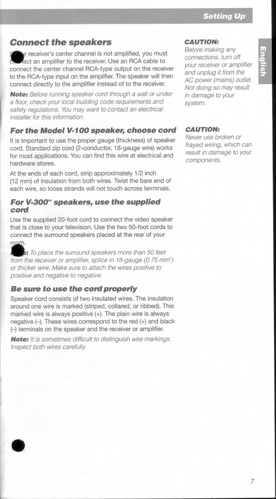 Connect the speakers, For the model v-100 speaker, choose cord, For v-30o'' speakers, use the supplied cord | Be sure to use the cord properly, For v-300™ speakers, use the supplied cord, Setting up | Bose Home Theater Speakers V-100 User Manual | Page 7 / 15