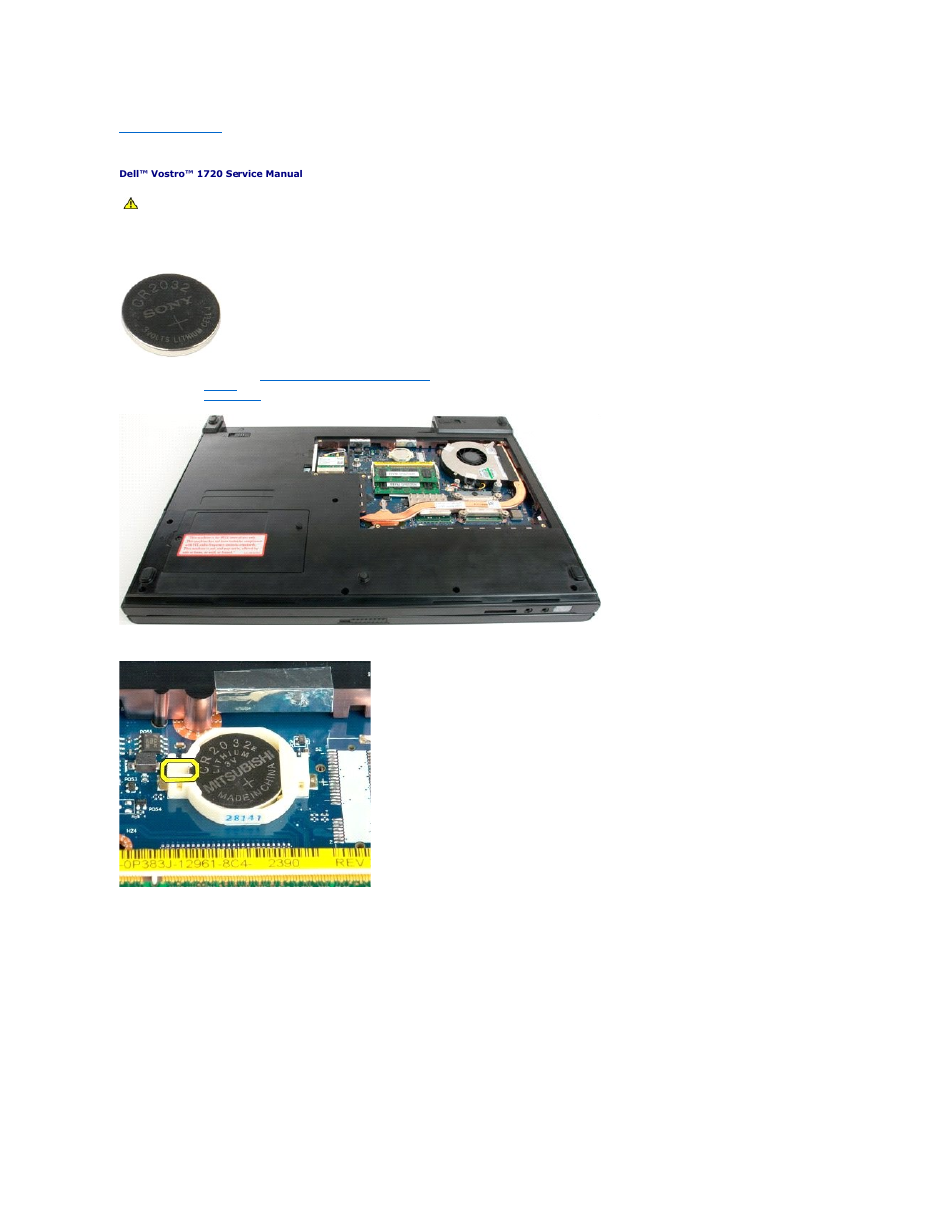 Coin-cell battery, Removing the coin-cell battery | Dell Vostro 1720 (Early 2009) User Manual | Page 17 / 66