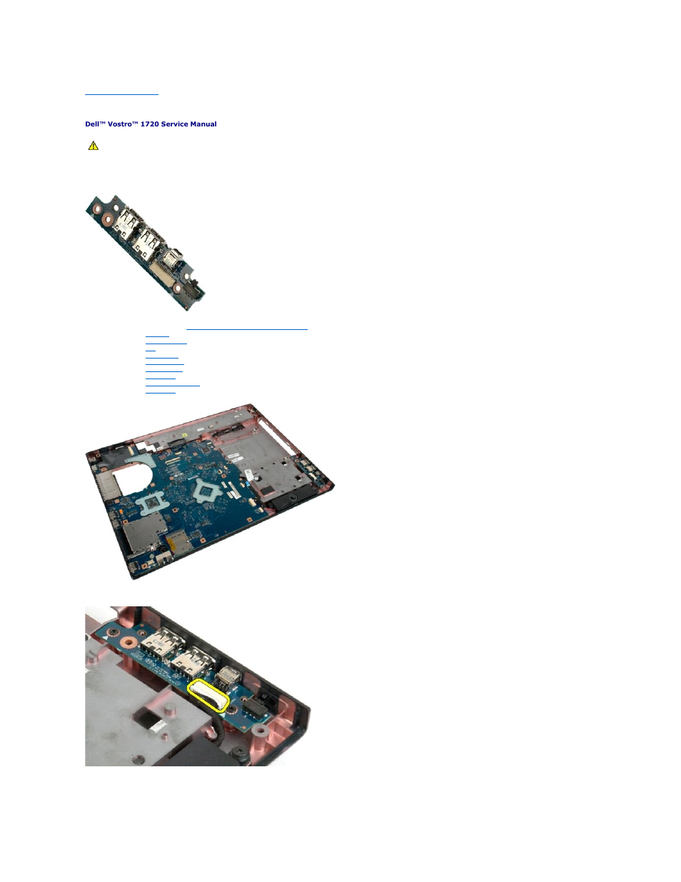 Usb/ieee 1394 board, Removing the usb/ieee 1394 board | Dell Vostro 1720 (Early 2009) User Manual | Page 59 / 66