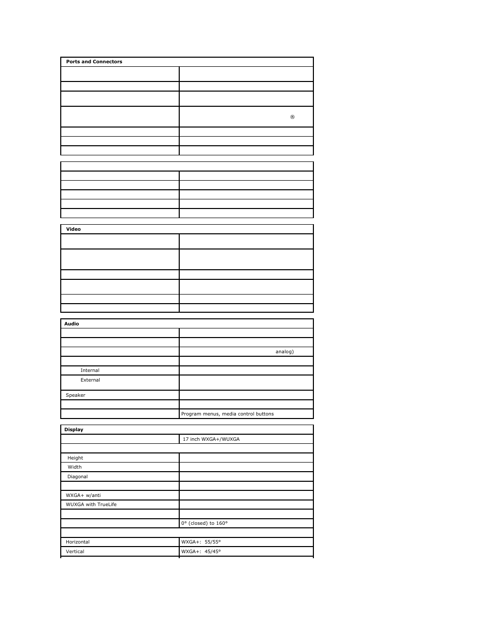 Ports and connectors, Communications, Video | Audio, Display | Dell Vostro 1720 (Early 2009) User Manual | Page 7 / 66